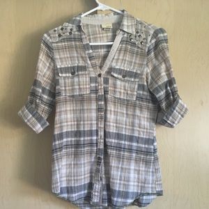 Black and tan plaid blouse